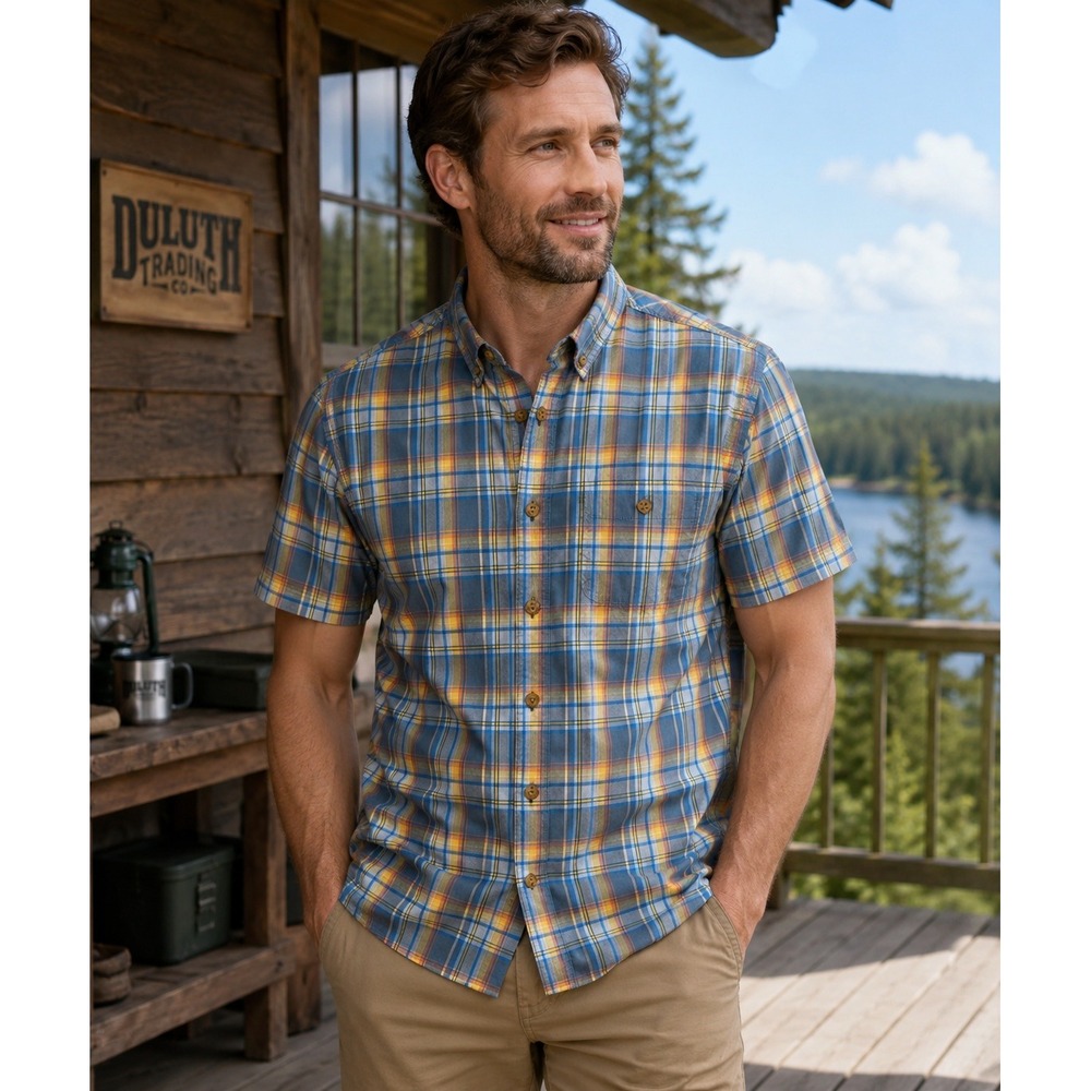 Duluth Trading Co Untucked Mens L Tall Slim Fit Plaid short sleeve dad gorpcore
